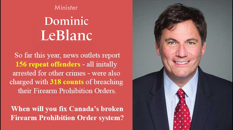 So far this year, news outlets report that 156 repeat offenders, all arrested for committing other serious crimes, were also charged with 318 counts of breaching Firearm Prohibition Orders, yet Liberal Public Safety Minister Dominic LeBlanc refuses to lift a finger to fix Canada's broken Firearm Prohibition Order System to address this serious public safety issue.